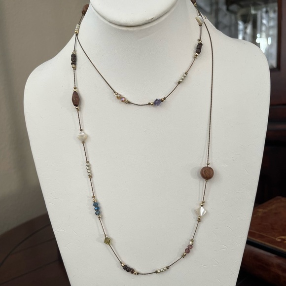 Japanese multi gem & wood antiqued brass long necklace - Picture 7 of 10